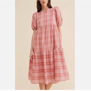 English Factory Pink Plaid Puff Sleeve Tie Back Tiered Midi Dress Women's M